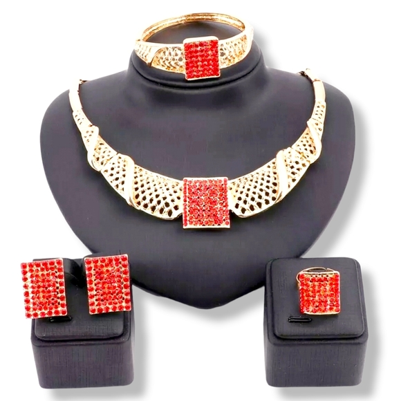 18k gold plated red crystal Necklace earrings bracelet ring set - Picture 3 of 14